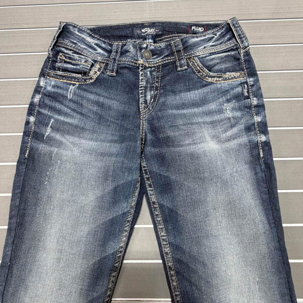 Silver Jeans Co Suki Mid Boot Fluid Denim W29 L35 Blue Distressed Bootcut Jeans